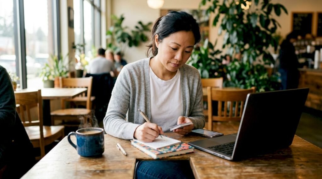 Small business owner managing online reviews at home office