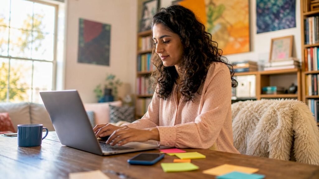 Woman creating digital marketing content on laptop