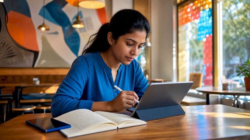 Woman working on digital marketing plan in coworking space