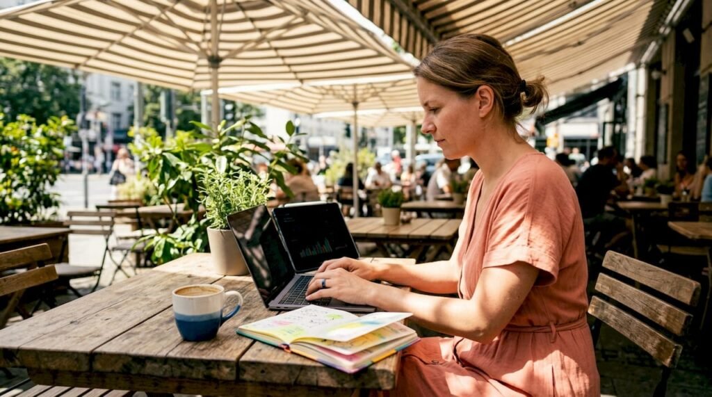 Businesswoman focused on digital marketing strategies at laptop