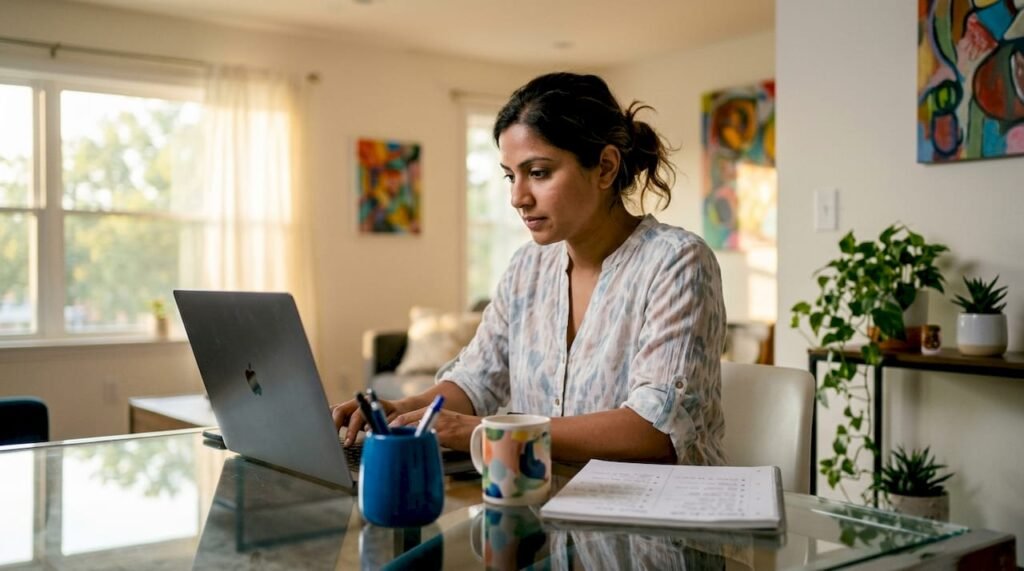 Woman managing small business reputation on laptop
